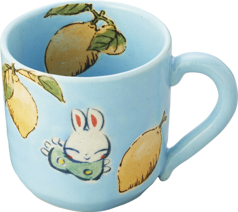 【ラッピング無料】国産 夕立窯 レモンとイチゴ マグカップ 水色 YK698 日本製