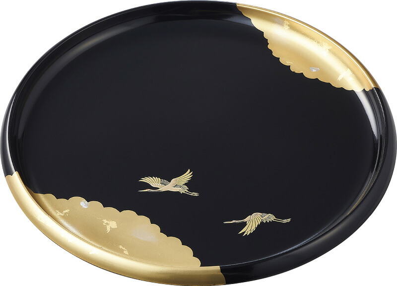 【ラッピング無料】国産 加賀百万石 純金箔工芸 歓び 丸盆(黒) 2A5 日本製 お盆 トレー トレイ