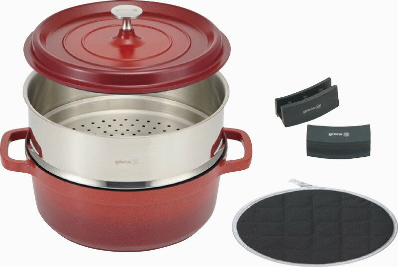 【ラッピング無料】ジョイア キャセロール24cm ＆ 蒸し器4点セット レッド XC-4RE ハンドルカバー 鍋敷き
