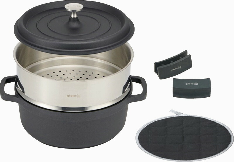 【ラッピング無料】ジョイア キャセロール24cm ＆ 蒸し器4点セット ブラック XC-4BK ハンドルカバー 鍋敷き