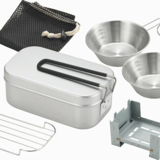 【ラッピング無料】キャッチフィールド アウトドア5点セット CF-102 調理器具セット シェラカップ メスティン メッシュトレー 折畳み簡易コンロ 収納袋