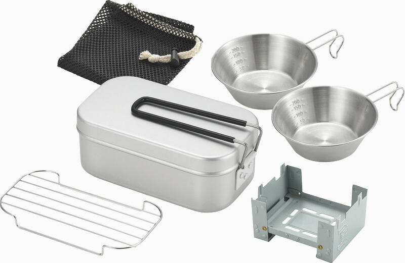 【ラッピング無料】キャッチフィールド アウトドア5点セット CF-102 調理器具セット シェラカップ メスティン メッシュトレー 折畳み簡易コンロ 収納袋