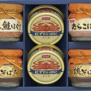 【ラッピング無料】ニッスイ 紅ずわいがに缶詰・瓶詰ギフトセット BK-30B 紅ずわいがにほぐし身 鶏そぼろ 焼鮭 たらこ ほぐし