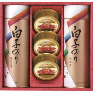 【ラッピング無料】白子のり 海苔とカニ缶詰合せ SN-302E まるずわいがにほぐし肉 のり茶漬 焼のり 袋詰