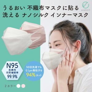 【送料無料】うるおい 不織布マスクに貼る 洗える ナノシルク インナーマスク N95級 日本製 立体3D・KF94・標準型 白 ホワイト/ライトピンク フリー(大人用) エコニット 絹 国産 ナノ×シルク 医療用並 レビュー Nano
