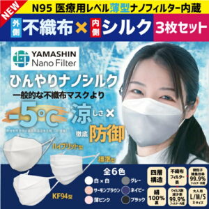 【送料無料】[3枚割引] 小杉織物 見た目不織布 ひんやり ナノシルクマスク　日本製 N95級 立体3D/ハイブリッド/KF94/標準 大人 S/M/L ホワイト 白/サーモンブラウン/ライトピンク/グレー/ネイビー/ブラック SS 子供 国産 絹 医療