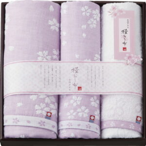 【ラッピング無料】国産 今治製タオル 桜おり布 バスタオル & フェイスタオル 2P パープル IS8650PU 綿100% 日本製
