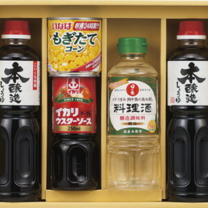 【ラッピング無料】コーンで健康調味料セット KOM-25 サンビシ本醸造しょうゆ 日の出料理酒 イカリテーブルウスターソース いなばもぎたてコーン
