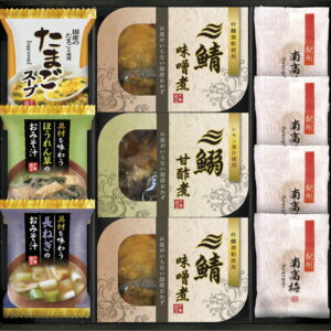 【ラッピング無料】三陸産煮魚 & フリーズドライ・梅干しセット MFR-30 魚介類 水産加工品 詰め合わせ 紀州南高梅 三陸産鯖の味噌煮 三陸産鰯の甘酢煮 具材を味わう 長ねぎ たまごスープ 具材を味わう おみそ汁 ほうれん草